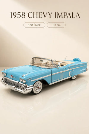 1958 Chevrolet Impala Mavi Cabrio 1:18 Ölçek 30 cm Model Araba