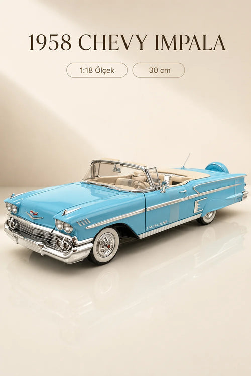 1958 Chevrolet Impala Mavi Cabrio 1:18 Ölçek 30 cm Model Araba