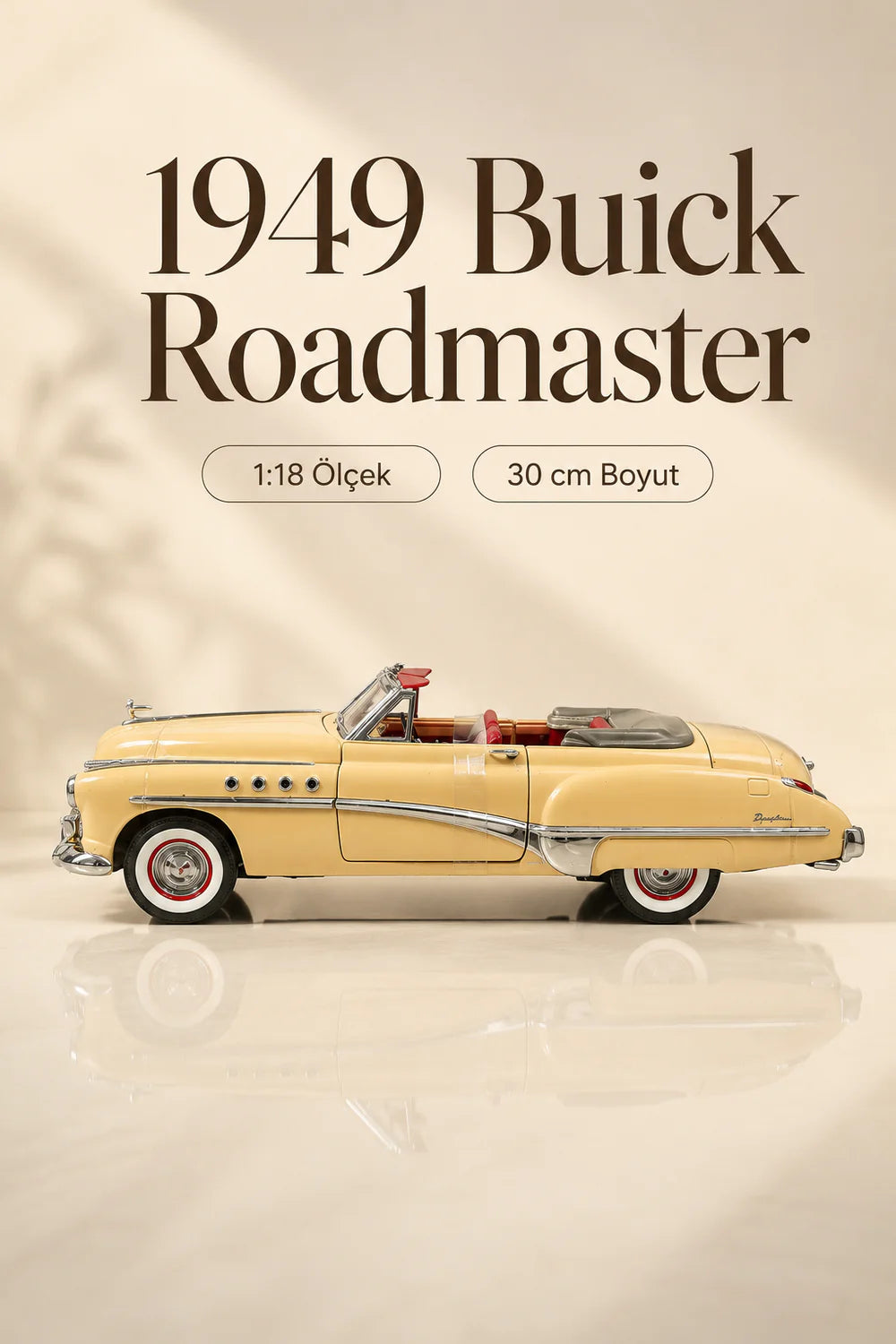 1949 Buick Roadmaster Krem Cabrio 1:18 Ölçek 30 cm Model Araba