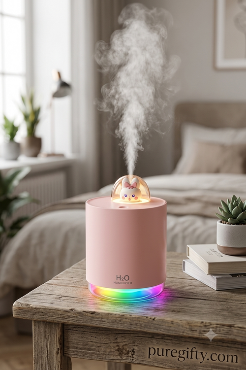 RDİNEKS Pembe Tavşan Figürlü Şık Hava Nemlendirici - RGB Işıklı Taşınabilir Masaüstü Buhar Makinesi (250ml)
